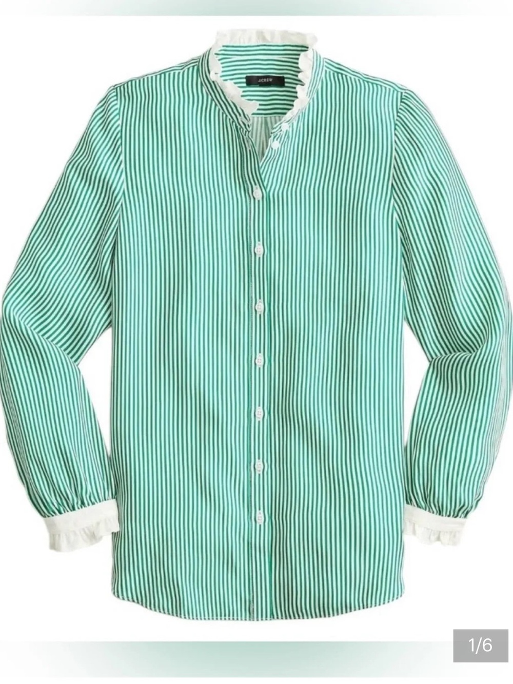 J. Crew Green and White Striped Ruffle Collar Blouse